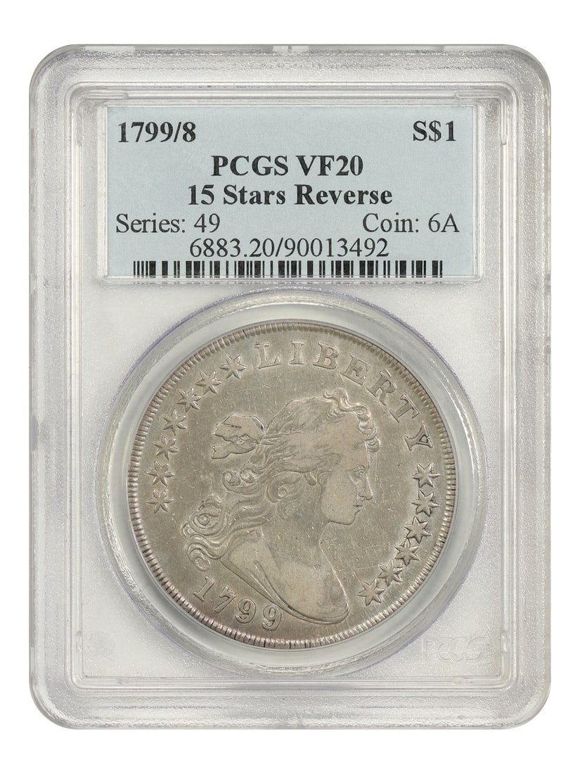 1799/ 8 $1 PCGS VF20 (15 Reverse Stars) - Draped Bust Dollar: 1799/ 8 $1 PCGS VF20 (15 Reverse Stars) - Draped Bust Dollar The 1799/8 $1 PCGS VF20 (15 Reverse Stars) - Draped Bust Dollar is a circulated example of one of the earliest $1 coins ever minted in the 