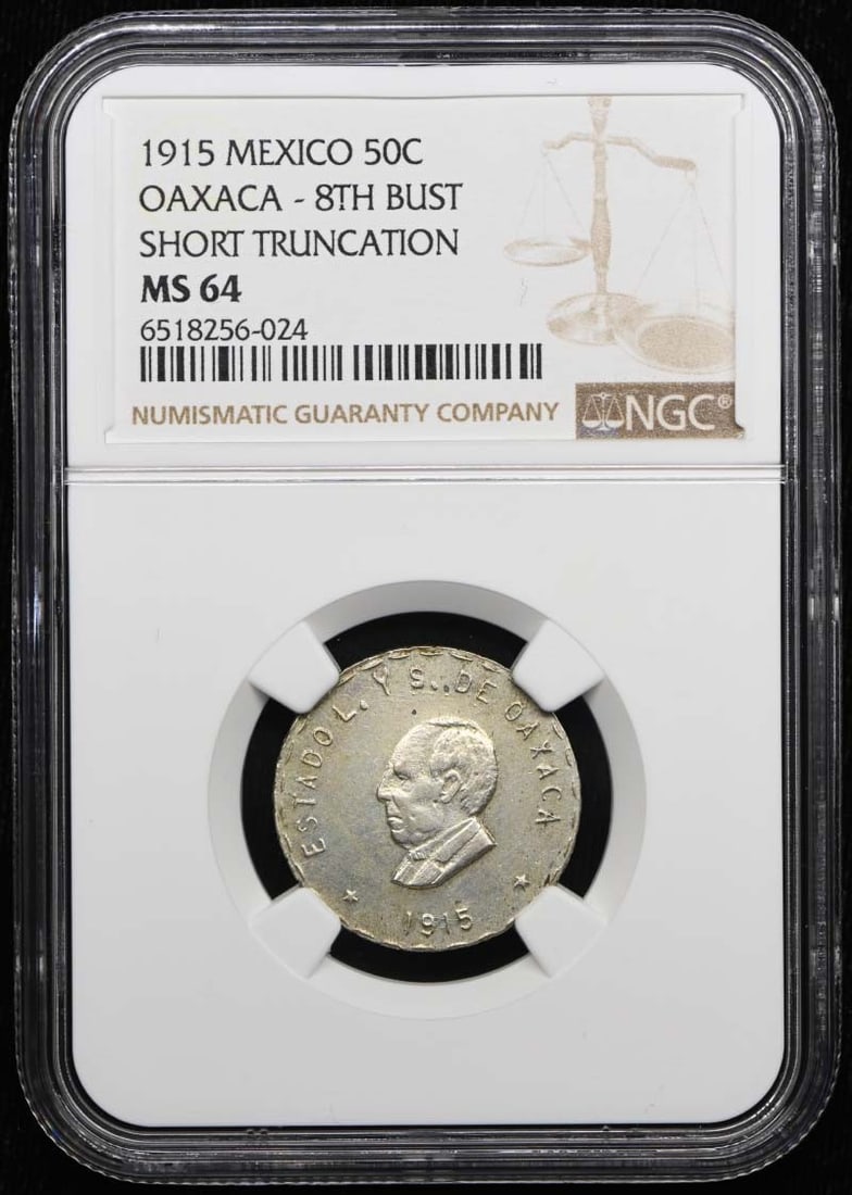 1915 MEXICO OAXACA KM-737 GB-340 50C NGC MS64: 1915 MEXICO OAXACA KM-737 GB-340 50C NGC MS64 Uncirculated 1915 Mexico 50 Centavos, graded MS64 by the Numismatic Guaranty Corporation (NGC), bears the hallmark of a well-preserved coin with its crisp