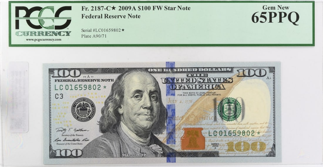 2009A $100 Federal Reserve Star Note FR2187-C* Gem New 65PPQ PCGS: 2009A $100 Federal Reserve Star Note FR2187-C* Gem New 65PPQ PCGS The 2009A $100 Federal Reserve Star Note is a highly graded MS65 specimen, certified by PCGS. This gem-quality note features a stunnin
