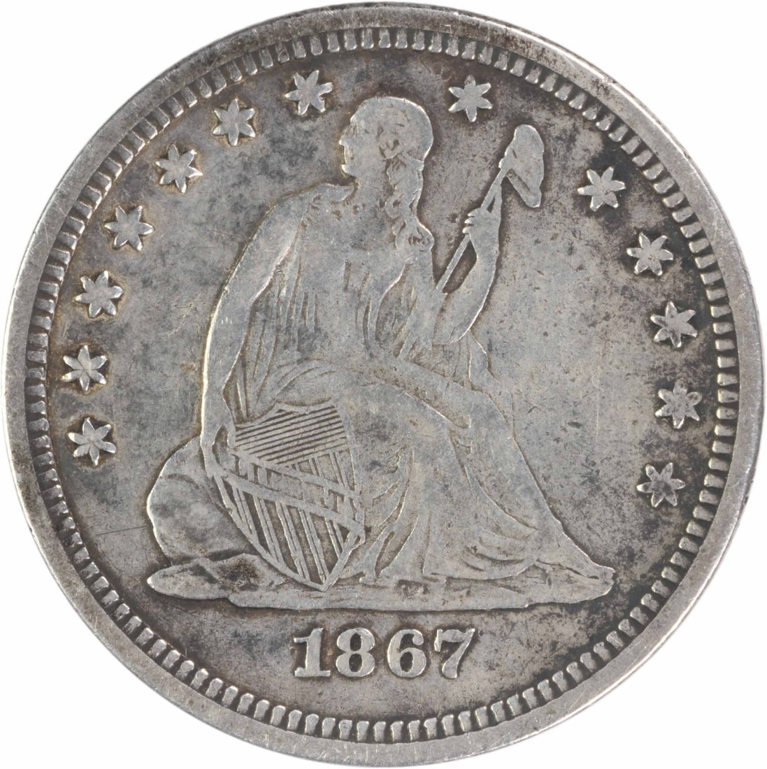 Silver Liberty Seated Quarter 1867 Uncertified: Silver Liberty Seated Quarter 1867 Uncertified The 1867 Silver Liberty Seated Quarter is a rare circulated coin featuring Seated Liberty, designed by Robert Ball Hughes and Christian Gobrecht. With a 