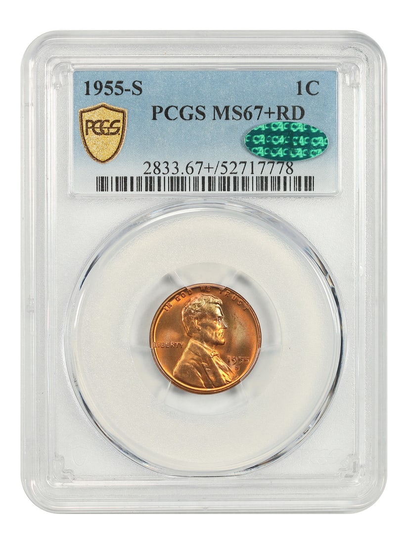 Lincoln Cent Wheat Reverse MS67+RD PCGS CAC 1955-S 1C: Lincoln Cent Wheat Reverse MS67+RD PCGS CAC 1955-S 1C MS67+ RD PCGS CAC 1955-S 1C Lincoln Cent Wheat Reverse is a highly graded, uncirculated 1955-S Lincoln Cent Wheat Reverse coin, certified by PCGS 