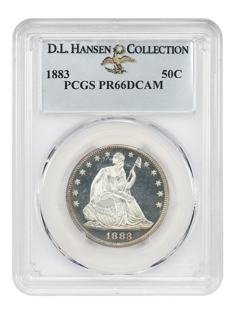 1883 50C PCGS PR66DCAM ex: D.L. Hansen: 1883 50C PCGS PR66DCAM ex: D.L. Hansen The 1883 50C coin, graded PR66DCAM by PCGS, boasts a stunning level of preservation, showcasing its original luster and intricate details. Certified by a leading