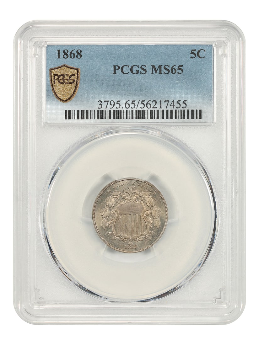 Shield Nickel MS65 PCGS 5C 1868: Shield Nickel MS65 PCGS 5C 1868 Shield Nickel MS65 PCGS 5C 1868. This 1868 Shield Nickel is certified MS65 by PCGS, indicating its high level of preservation and condition. With its Philadelphia mint 