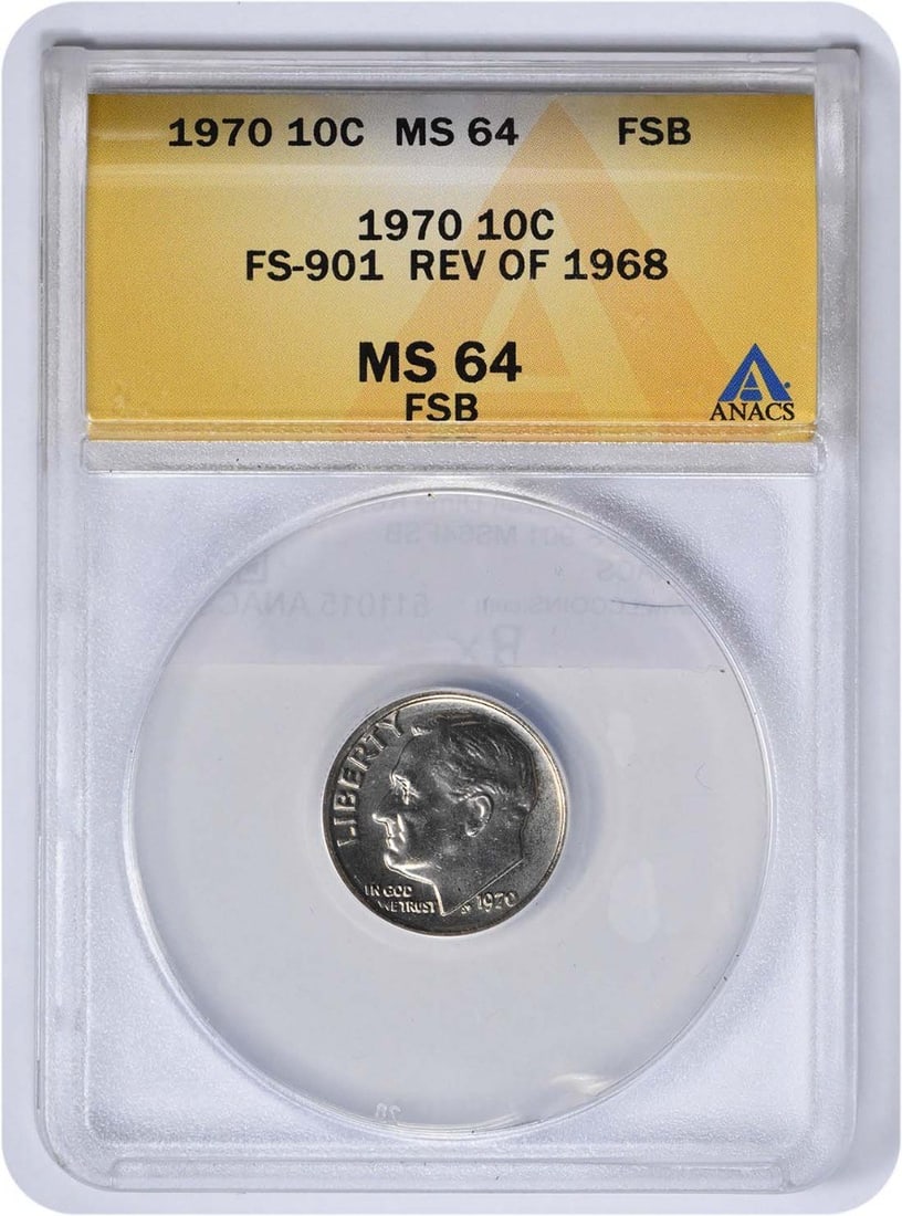 MS64FSB Roosevelt Dime FS-901 ANACS 1968: MS64FSB Roosevelt Dime FS-901 ANACS 1968 MS64FSB Roosevelt Dime FS-901 ANACS 1968 is a highly graded uncirculated Roosevelt dime, certified by ANACS, with a MS64 grade indicating excellent condition. 