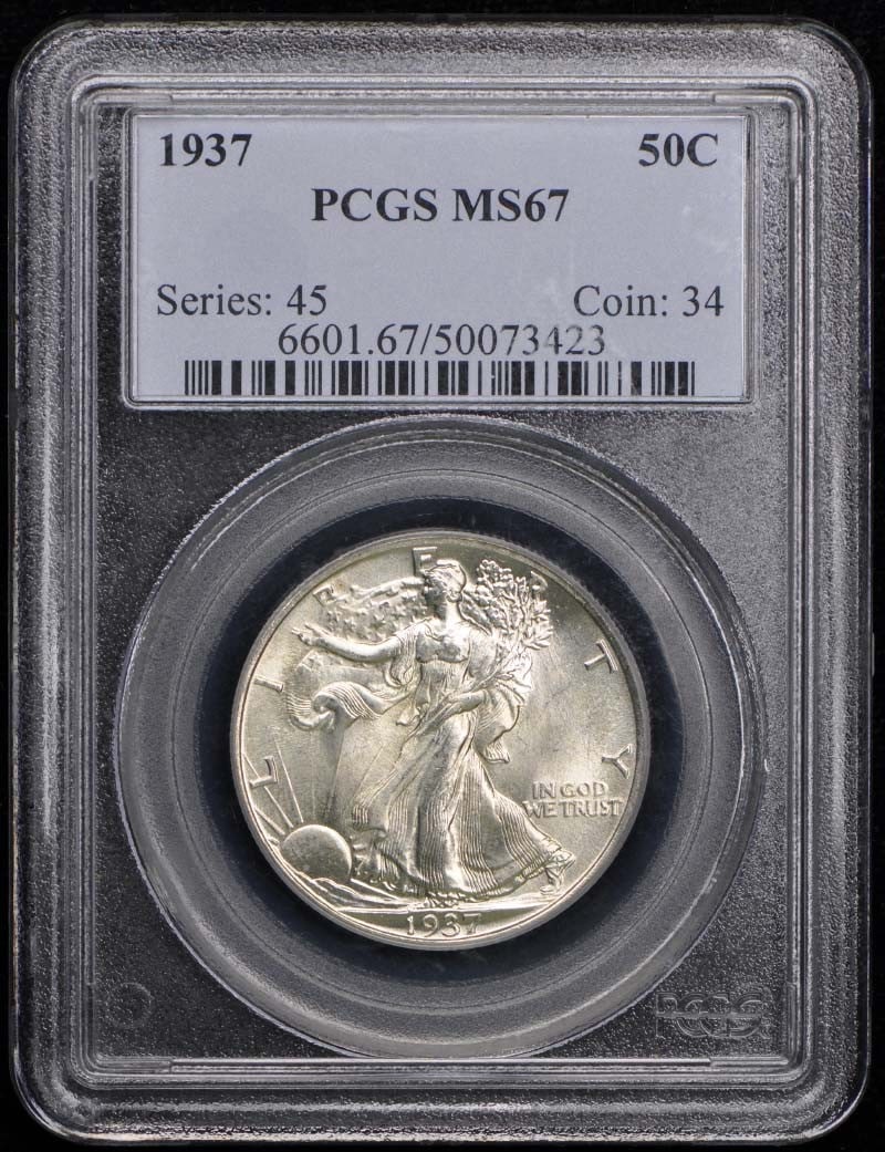 1937 50C Walking Liberty Half Dollar PCGS MS67: 1937 50C Walking Liberty Half Dollar PCGS MS67 The 1937 Walking Liberty Half Dollar, graded MS67 by PCGS, is a highly detailed and well-preserved coin. Certified as uncirculated, this coin showcases t