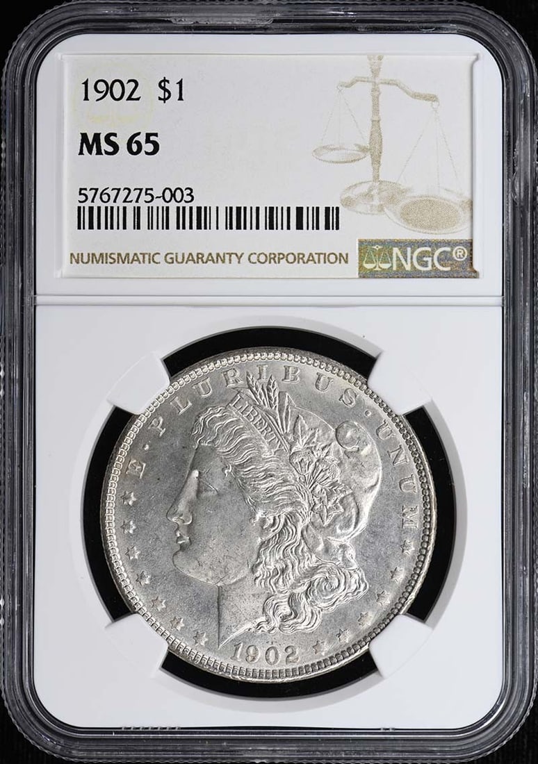 Morgan Dollar 1902 S$1 MS65 NGC: Morgan Dollar 1902 S$1 MS65 NGC The 1902 S Morgan Dollar is a highly graded MS65 coin, certified by the Numismatic Guaranty Corporation (NGC). This uncirculated coin was minted in Philadelphia and fea
