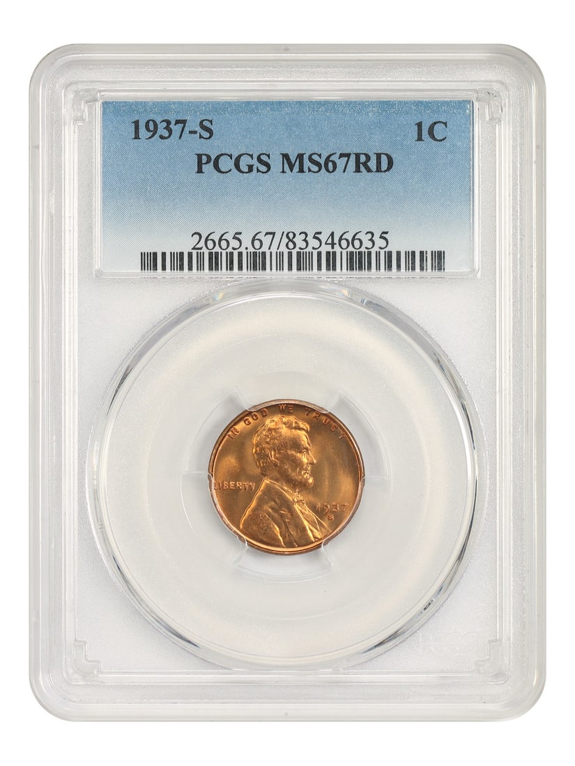 1937-S 1C PCGS MS67RD - Lincoln Cent (Wheat Reverse): 1937-S 1C PCGS MS67RD - Lincoln Cent (Wheat Reverse) The 1937-S 1C PCGS MS67RD Lincoln Cent features a stunning Red-Diamond (RD) coloration, a highly sought-after variation among collectors. This unci