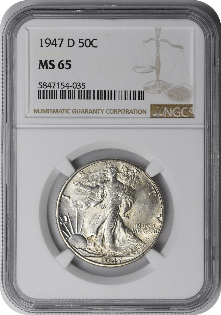 Silver Half Dollar MS65 Walking Liberty 1947-D: Silver Half Dollar MS65 Walking Liberty 1947-D The 1947-D Walking Liberty Half Dollar is a stunning example of American numismatics, boasting a MS65 grade and featuring the iconic design of Adolph Ale