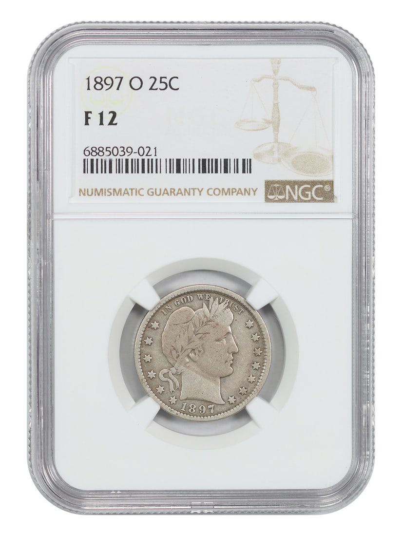 BARBER QUARTER 25C 1897 O 12 NGC FINE: BARBER QUARTER 25C 1897 O 12 NGC FINE The 1897 Barber Quarter is a circulated coin featuring a distinctive design with a prominent beard on the profile of Liberty. This NGC-certified coin has been gra