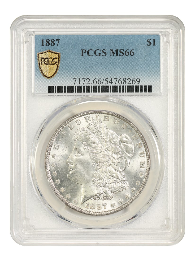 1887 $1 PCGS MS66 - Morgan Dollar - Popular Collector Date: 1887 $1 PCGS MS66 - Morgan Dollar - Popular Collector Date The 1887 Morgan Dollar is a highly sought-after collector's item, certified by PCGS as MS66. This uncirculated coin features the iconic desig