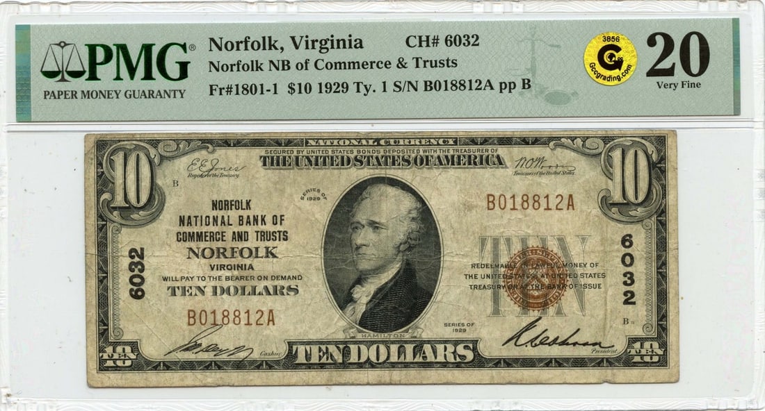 1929 Ty. 1 $10 Norfolk VA NB CH#6032 Fr# 1801-1 PMG VF20 GCC Gold: 1929 Ty. 1 $10 Norfolk VA NB CH#6032 Fr# 1801-1 PMG VF20 GCC Gold The 1929 Ty. 1 $10 Norfolk VA NB CH#6032 Fr# 1801-1 PMG VF20 GCC Gold features a circulated 1929 issue with a notable grade of VF20, c