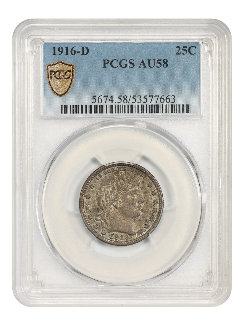 Quarter Barber 1916-D 25C AU58 PCGS: Quarter Barber 1916-D 25C AU58 PCGS The 1916-D Quarter Barber is a highly sought-after coin, featuring a unique blend of classic design and historical significance. This circulated 1916-D Quarter