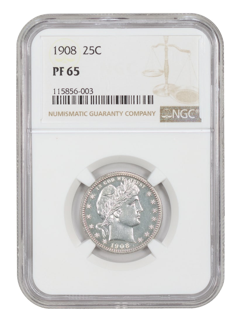 1908 25C NGC PR65 - Barber Quarter - Low Mintage Proof: 1908 25C NGC PR65 - Barber Quarter - Low Mintage Proof NGC PR65 1908 25C Barber Quarter - A Low Mintage Proof Coin. This 1908 Barber Quarter is a rare and highly sought-after proof coin, certified by 