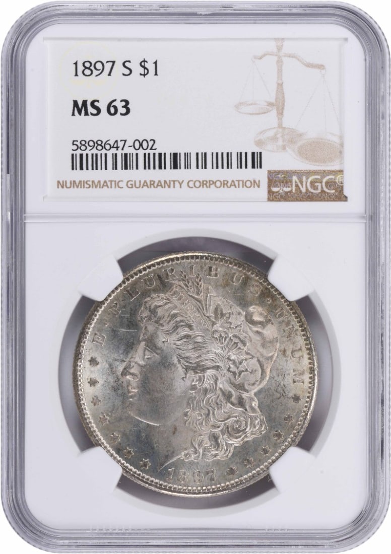 1897-S Morgan Silver Dollar MS63 NGC: 1897-S Morgan Silver Dollar MS63 NGC The 1897-S Morgan Silver Dollar is a highly detailed and intricately designed coin, featuring George T. Morgan's iconic design and a reeded edge. Made from 90% sil