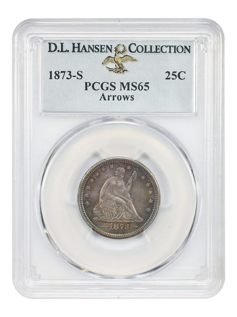1873-S 25C PCGS MS65 (Arrows) ex: D.L. Hansen: 1873-S 25C PCGS MS65 (Arrows) ex: D.L. Hansen The 1873-S 25C PCGS MS65 (Arrows) is a highly graded, uncirculated coin with a rich history, having been previously owned by D.L. Hansen. This coin boasts