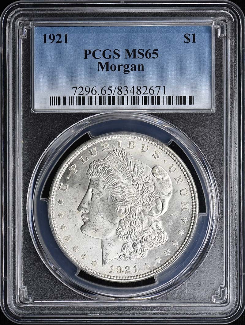 1921 $1 Morgan Dollar PCGS MS65: 1921 $1 Morgan Dollar PCGS MS65 The 1921 $1 Morgan Dollar, graded MS65 by PCGS, is a highly detailed and well-preserved coin. Certified as uncirculated, this coin showcases its original mint state wit