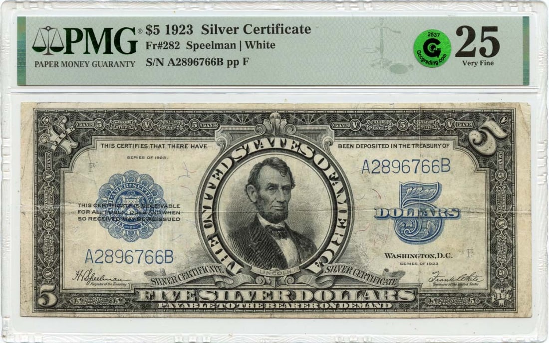 1923 $5 Silver Certificate Blue Seal Fr# 282 PMG VF25 GCC Green: 1923 $5 Silver Certificate Blue Seal Fr# 282 PMG VF25 GCC Green The 1923 $5 Silver Certificate Blue Seal features a distinctive blue seal and is graded VF25 by PMG, indicating a high level of preserva
