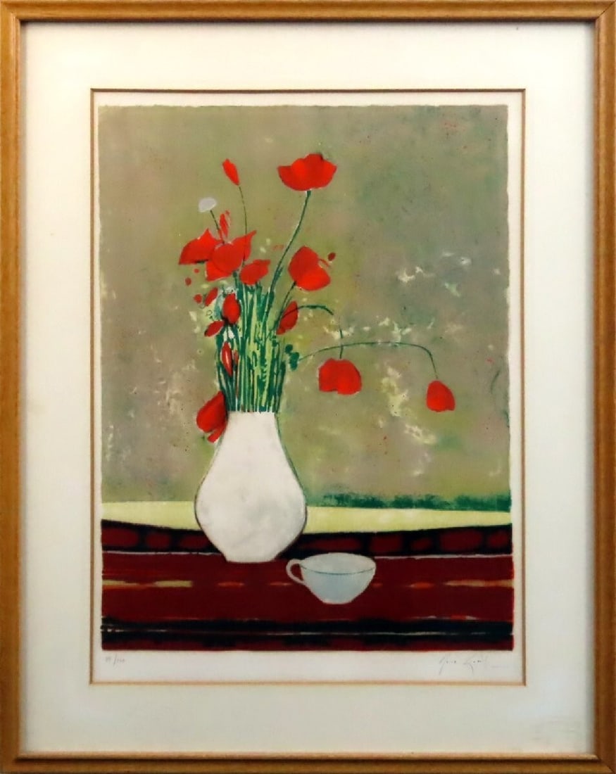 Signed Original Lithograph Print Flower Still Life Rene Genis Framed (1 of 8)