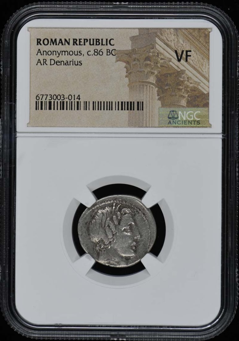 Anonymous, c.86 BC ROMAN REPUBLIC AR Denarius NGC VF20: Anonymous, c.86 BC ROMAN REPUBLIC AR Denarius NGC VF20 NGC VF20 graded Ancient Roman Republic AR Denarius, circa 86 BC, bearing a certification number for added authenticity and provenance. This well-