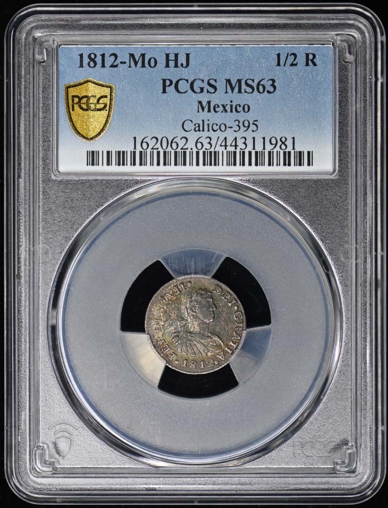 1812-Mo HJ Half R 1/ 2 Real PCGS MS63 Calico-395: 1812-Mo HJ Half R 1/ 2 Real PCGS MS63 Calico-395 The 1812-Mo HJ Half R 1/ 2 Real PCGS MS63 Calico-395 is a highly graded, uncirculated half reaper coin from the early 19th century. Bearing a PCGS MS63