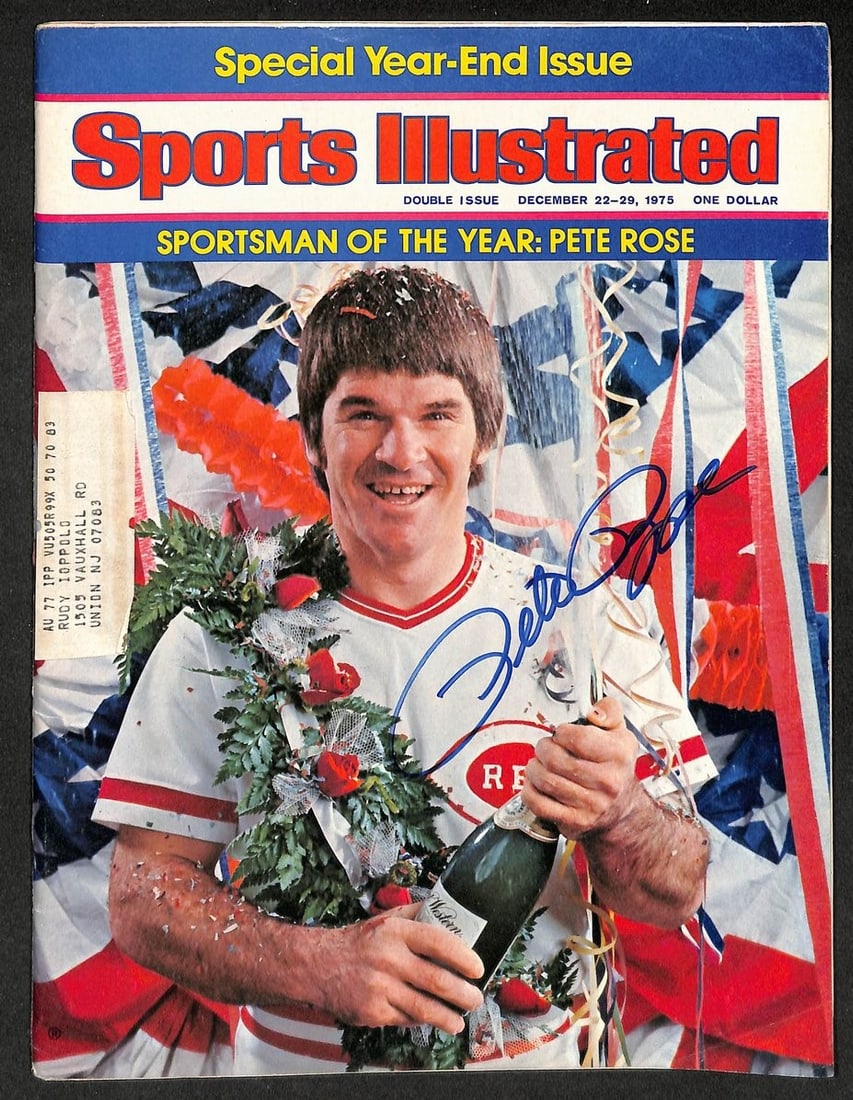Pete Rose Autographed/ Signed 1975 Sports Illustrated Reds JSA 211807: Pete Rose Autographed/ Signed 1975 Sports Illustrated Reds JSA 211807 Authentic 1975 Sports Illustrated photo of Pete Rose, the legendary Reds player, signed by the baseball icon. This Sports Illustra