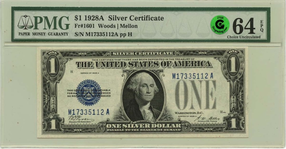 $1 Silver Certificate FR#1601 PMG CU64 PPQ GCC Green 1928A: $1 Silver Certificate FR#1601 PMG CU64 PPQ GCC Green 1928A The 1928A Silver Certificate, FR#1601, boasts a stunning PMG CU64 grade, showcasing its exceptional condition. This uncirculated note, certif