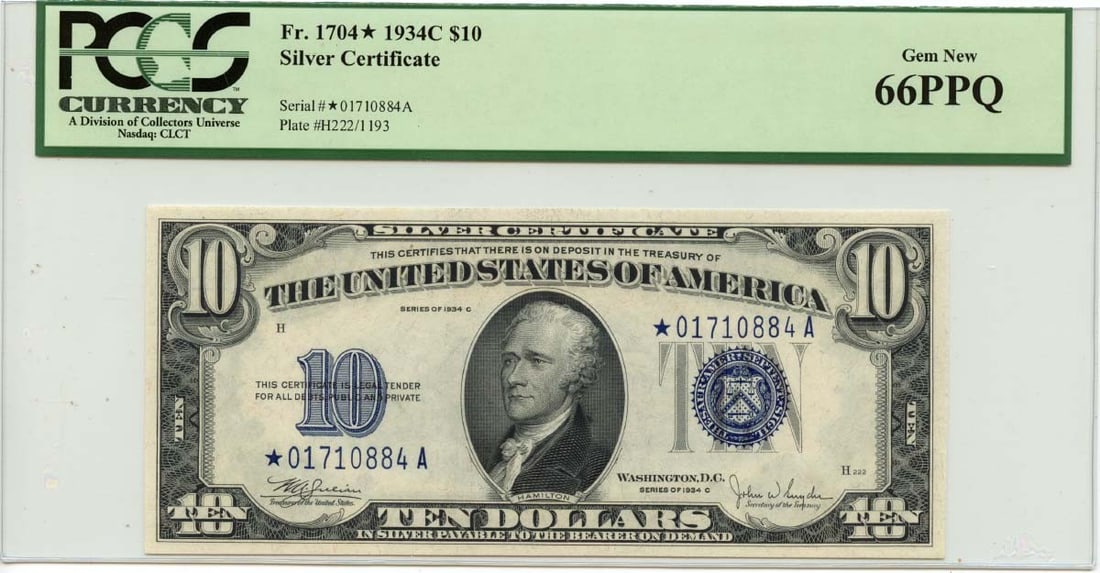 1934C $10 Silver Certificate Blue Julian Snyder Fr# 1704* PCGS GEM 66 PPQ STAR: 1934C $10 Silver Certificate Blue Julian Snyder Fr# 1704* PCGS GEM 66 PPQ STAR The 1934C $10 Silver Certificate Blue features a striking design and a notable signature. This PCGS GEM 66 PPQ STAR is a 