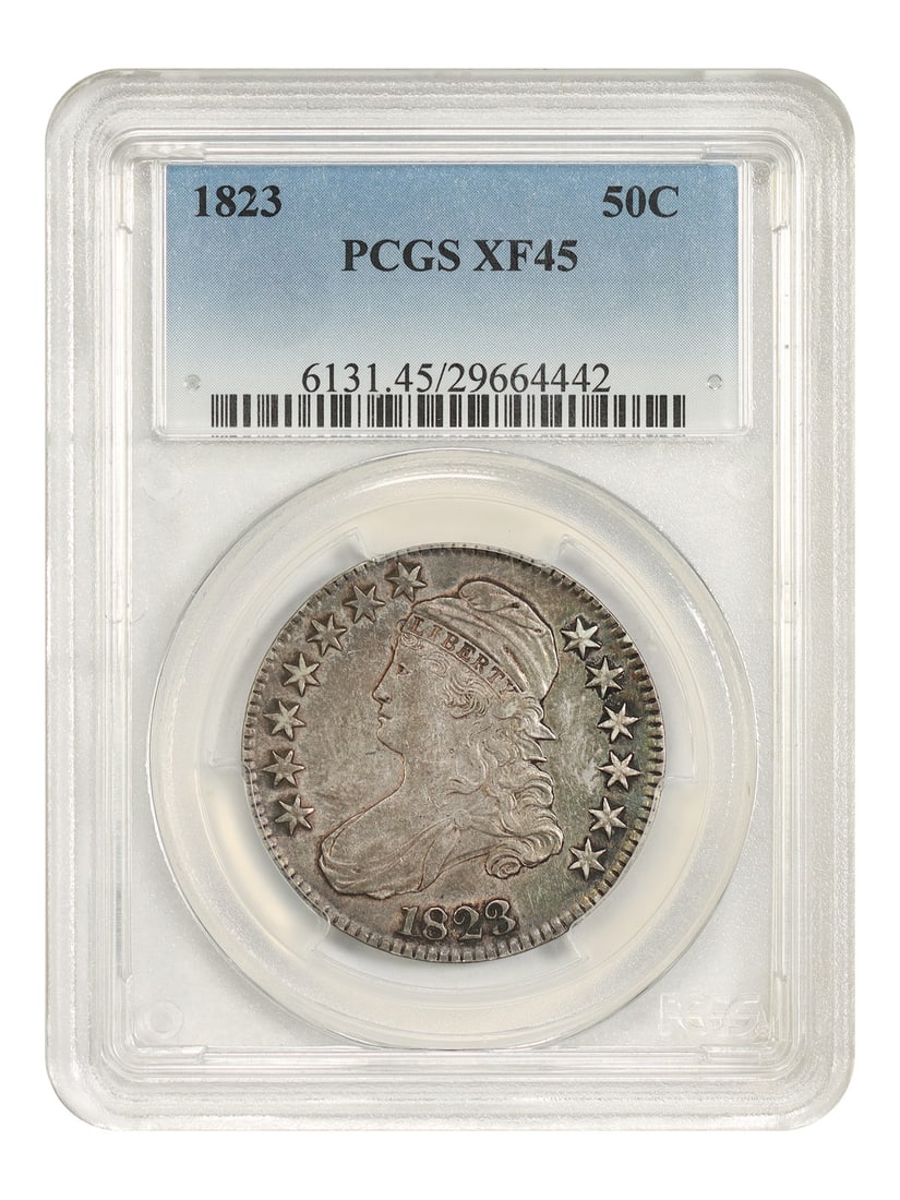 50C Half Dollar Capped Bust 1823 PCGS XF45: 50C Half Dollar Capped Bust 1823 PCGS XF45 The 50C Half Dollar Capped Bust 1823 is a circulated coin with a PCGS XF45 certification, bearing the distinctive Capped Bust design and minted in Philadelph