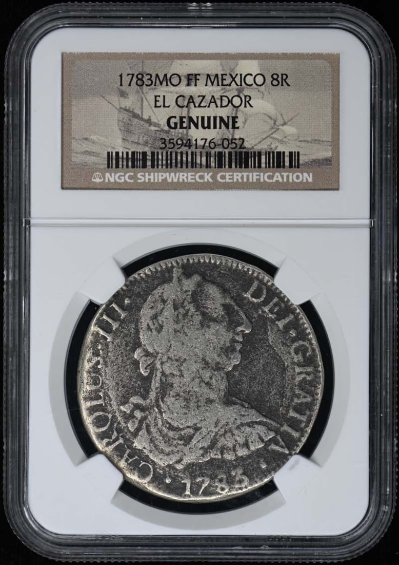 1783MO FF MEXICO EL CAZADOR 8R NGC MS0: 1783MO FF MEXICO EL CAZADOR 8R NGC MS0 1783MO FF MEXICO EL CAZADOR 8R NGC MS0This circulated 1783 Mexico El Cazador coin features a striking design and is certified by the Numismatic Guaranty