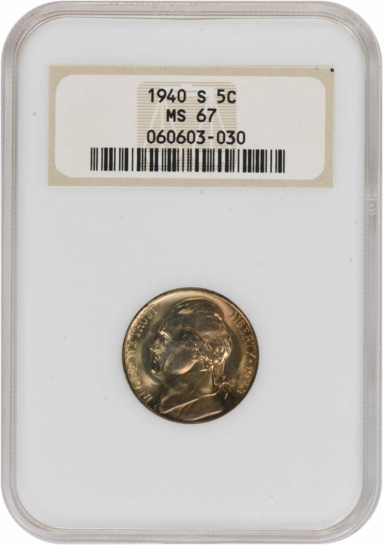1940-S Jefferson Nickel MS67 NGC: 1940-S Jefferson Nickel MS67 NGC The 1940-S Jefferson Nickel MS67 NGC is a highly graded uncirculated example of this iconic coin, boasting a Mint State 67 grade from the Numismatic Guaranty Corporati