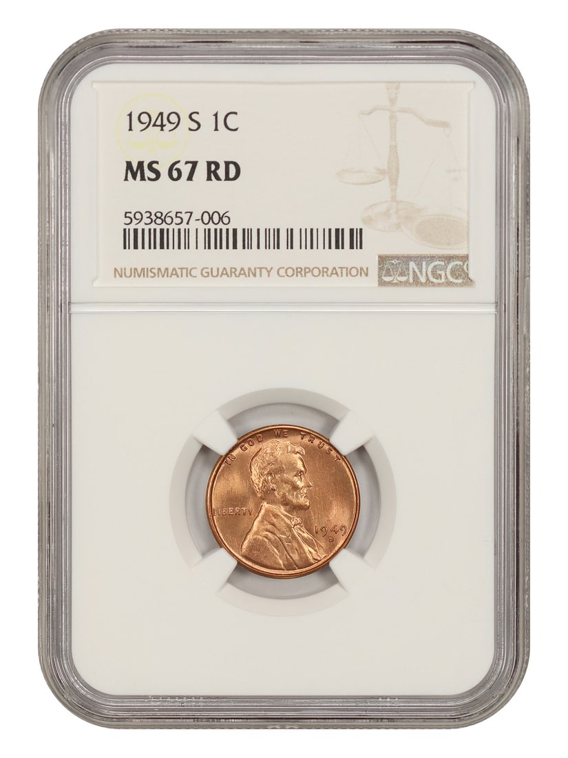 1949-S 1C NGC MS67RD - Lincoln Cent (Wheat Reverse): 1949-S 1C NGC MS67RD - Lincoln Cent (Wheat Reverse) 1949-S 1C NGC MS67RD Lincoln Cent (Wheat Reverse) is a highly graded uncirculated coin, certified by the Numismatic Guaranty Corporation (NGC) with