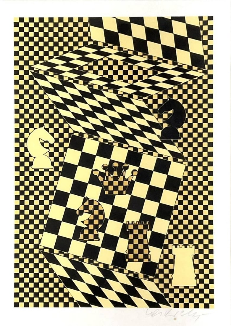 Vasarely Signed Chess Silkscreen Authentic Yellow Box - 2