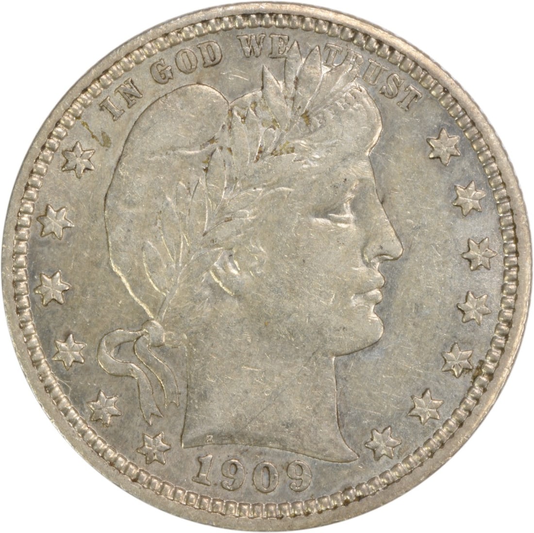 Uncertified AU Quarter Silver Barber 1909: Uncertified AU Quarter Silver Barber 1909 The 1909 AU Quarter Silver Barber coin is a circulated example from the Philadelphia mint, bearing the distinctive reeded edge and weighing 6.30 grams. With i