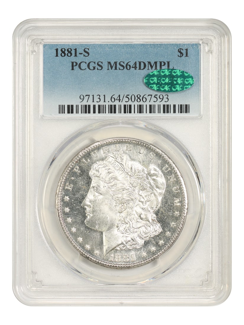 PCGS CAC MS64DMPL $1 Fantastic Morgan Dollar 1881-S: PCGS CAC MS64DMPL $1 Fantastic Morgan Dollar 1881-S The 1881-S Morgan Dollar is a highly sought-after coin, and this MS64DMPL specimen is a standout example. With its high grade of MS64 and the presen