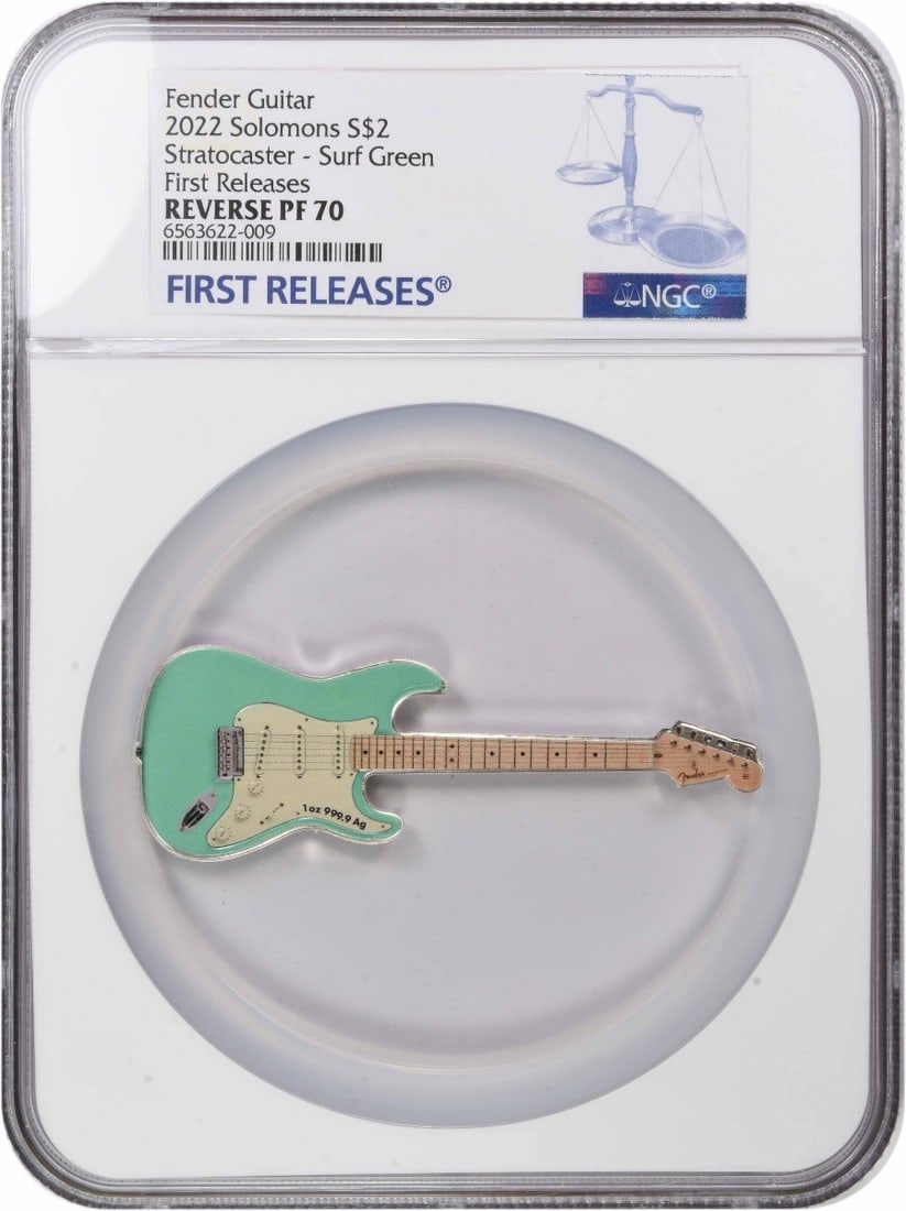 2022 Solomon Islands $2 Fender Guitar 1 oz. Silver Reverse PF70 FR NGC: 2022 Solomon Islands $2 Fender Guitar 1 oz. Silver Reverse PF70 FR NGC The 2022 Solomon Islands $2 Fender Guitar is a unique coin that combines the country's rich culture with the iconic American guit
