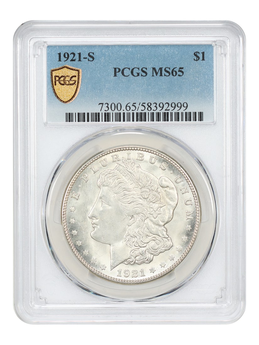 1921-S $1 PCGS MS65 - Morgan Dollar - Final Year S-Mint: 1921-S $1 PCGS MS65 - Morgan Dollar - Final Year S-Mint The 1921-S $1 PCGS MS65 Morgan Dollar is a highly detailed coin with a striking San Francisco mint mark. Certified by PCGS as MS65, this coin bo