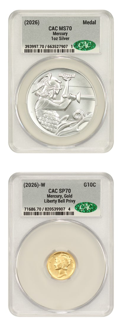 2026-W Mercury Dime Gold and Silver Medal Set CACG MS70/ SP70 (Box & COA): 2026-W Mercury Dime Gold and Silver Medal Set CACG MS70/ SP70 (Box & COA) The 2026-W Mercury Dime Gold and Silver Medal Set is a highly detailed and precise minting, certified by CACG as MS70/SP70. Th