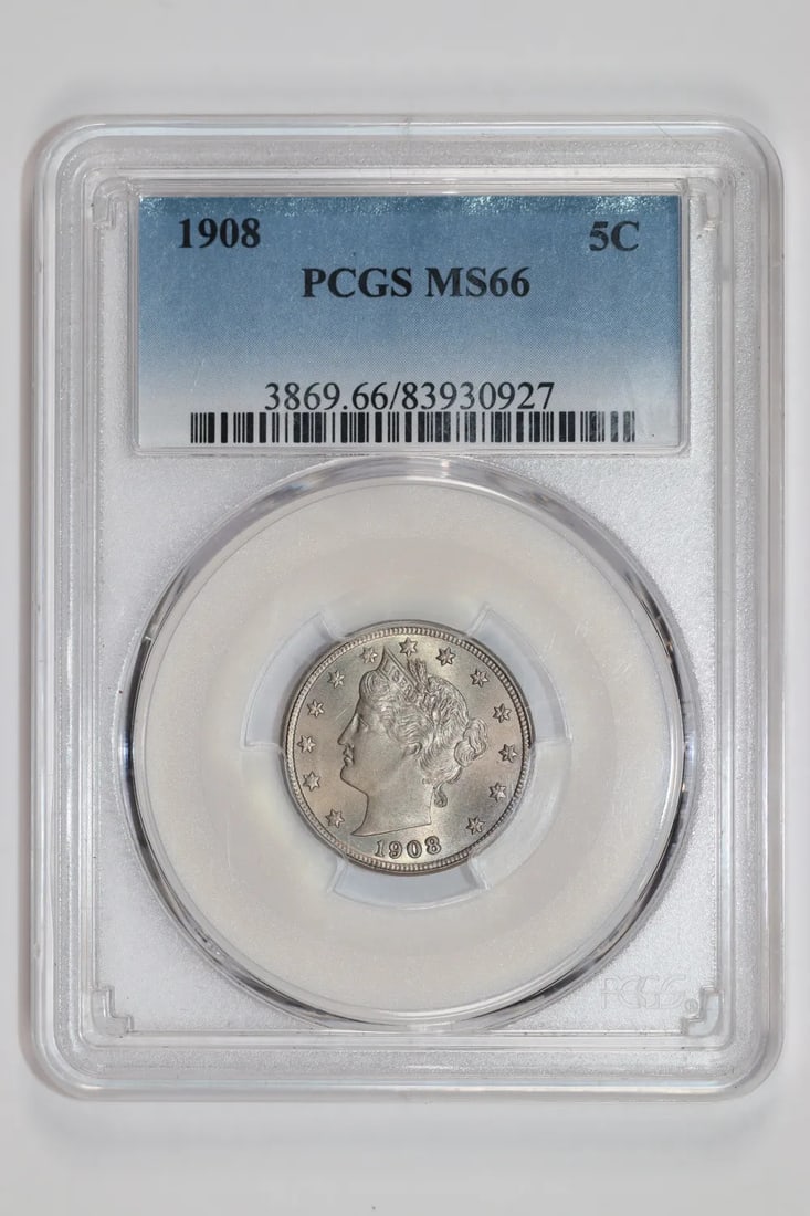 V Nickel Liberty 1908 PCGS MS66: V Nickel Liberty 1908 PCGS MS66 The 1908 V Nickel PCGS MS66 is a highly detailed and well-preserved coin, certified by the Professional Coin Grading Service (PCGS) as MS 66, indicating its exceptional