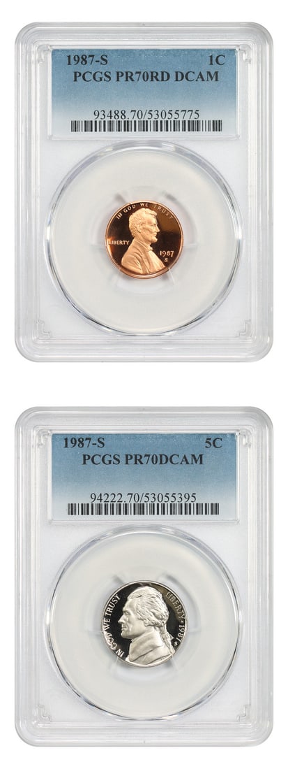 Lot of 1987-S 1c & 5c PCGS PR70DCAM (2 Coins) - Lincoln Cent (Modern): Lot of 1987-S 1c & 5c PCGS PR70DCAM (2 Coins) - Lincoln Cent (Modern) Two 1987-S Lincoln Cents, certified PR70DCAM by PCGS, showcasing their exceptional condition with a deep cameo effect. The San Fra