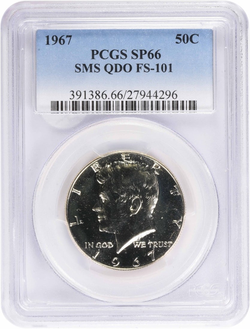 Half dollar Kennedy 1967 SMS QDO FS-101 SP66 PCGS: Half dollar Kennedy 1967 SMS QDO FS-101 SP66 PCGS The 1967 SMS QDO FS-101 Kennedy half dollar is a highly sought-after coin, graded SP66 by PCGS, indicating its exceptional condition. With its unique 