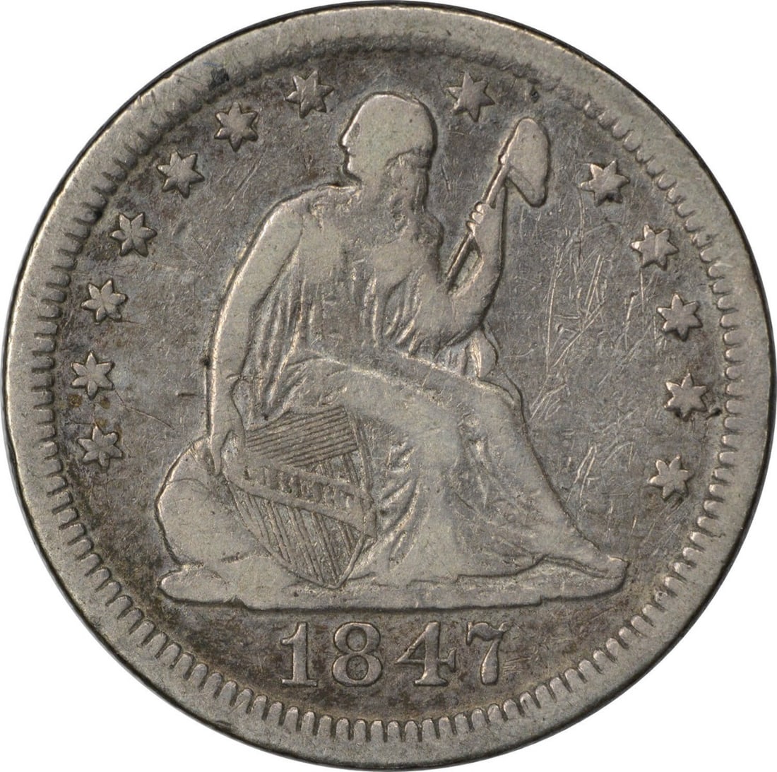 1847-O Liberty Seated Silver Quarter VF Uncertified: 1847-O Liberty Seated Silver Quarter VF Uncertified This 1847-O Liberty Seated Silver Quarter is a circulated example from the early days of the United States' silver quarter program, featuring Seated
