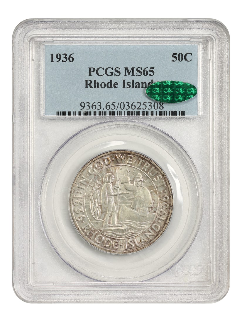1936 50C Rhode Island PCGS/ CAC MS65 - Classic Silver Commemorative: 1936 50C Rhode Island PCGS/ CAC MS65 - Classic Silver Commemorative The 1936 50C Rhode Island Commemorative coin is a highly graded MS65 specimen, certified by PCGS and CAC. This uncirculated coin fea
