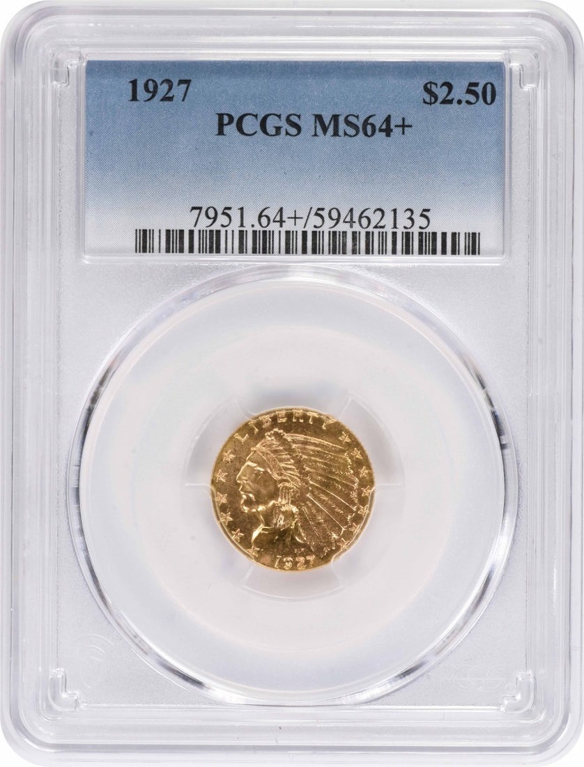 1927 $2.50 Gold Indian MS64+ PCGS: 1927 $2.50 Gold Indian MS64+ PCGS The 1927 $2.50 Gold Indian MS64+ PCGS is a highly graded gold coin with a strong pedigree. Certified by the PCGS, this coin boasts an MS64+ grade, indicating a high l