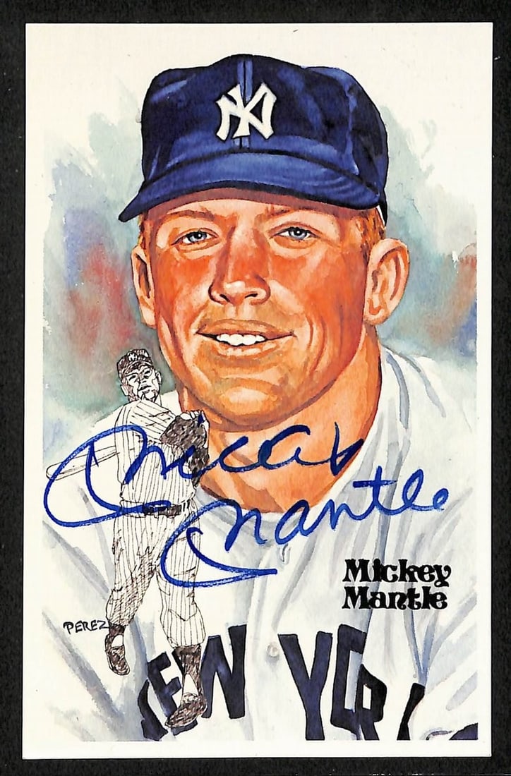 Mickey Mantle Signed Autographed Yankees Perez HOF Steele Postcard (1 of 2)