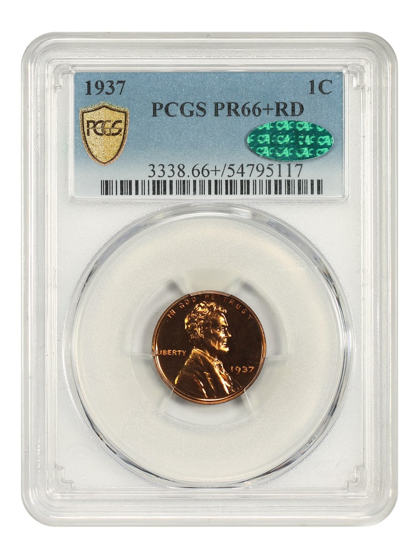 1937 1C PCGS/ CAC PR66+RD - Lincoln Cent (Wheat Reverse) - Popular Early Proof: 1937 1C PCGS/ CAC PR66+RD - Lincoln Cent (Wheat Reverse) - Popular Early Proof The 1937 Lincoln Cent in PR66+RD is a highly sought-after early proof coin, showcasing a rich reddish-brown color. Certif