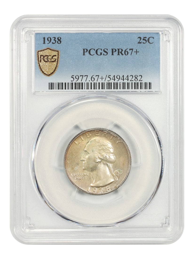 Quarter 25C 1938 PCGS PR67+ Washington: Quarter 25C 1938 PCGS PR67+ Washington The 1938 Washington quarter, graded PR67+ by PCGS, boasts exceptional condition with minimal wear, showcasing the coin's rich history and minted in
