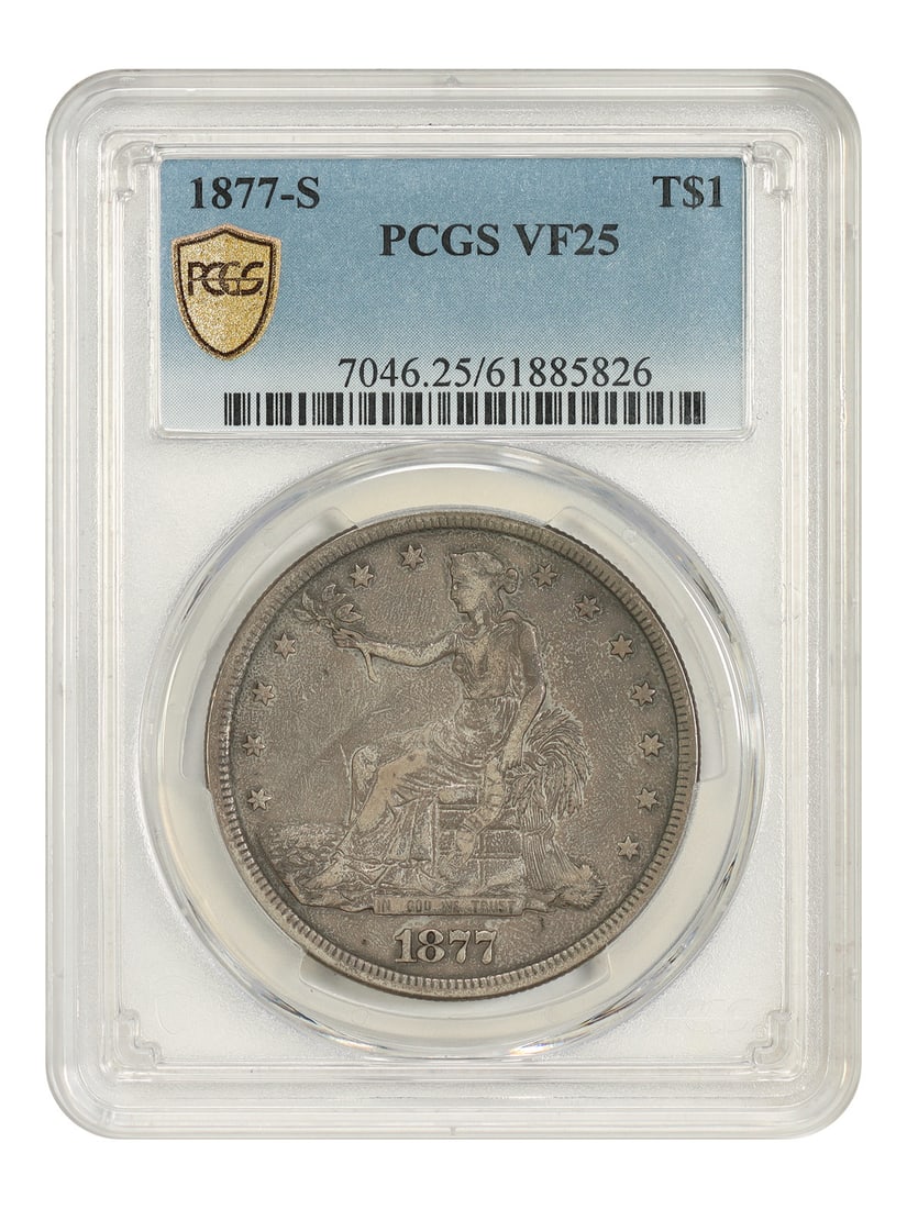 Type Coin 1877-S Trade Dollar PCGS VF25: Type Coin 1877-S Trade Dollar PCGS VF25 The 1877-S Trade Dollar is a circulated coin with a PCGS certification number of 61885826, graded VF25. This coin was minted in San Francisco and features a
