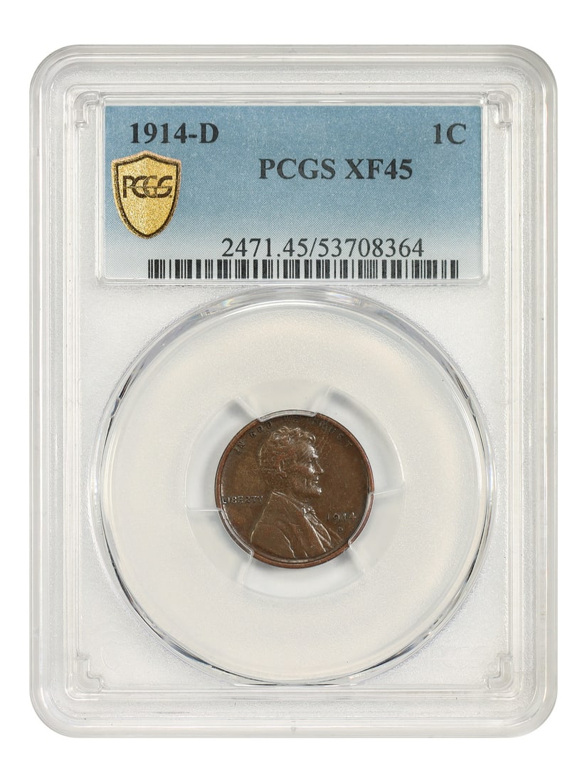 1914-D 1C PCGS XF45 - Lincoln Cent (Wheat Reverse) - Key Date: 1914-D 1C PCGS XF45 - Lincoln Cent (Wheat Reverse) - Key Date 1914-D 1C PCGS XF45 - Lincoln Cent (Wheat Reverse) - Key Date. This 1914-D Lincoln Cent, graded XF45 by PCGS, features the iconic wheat re