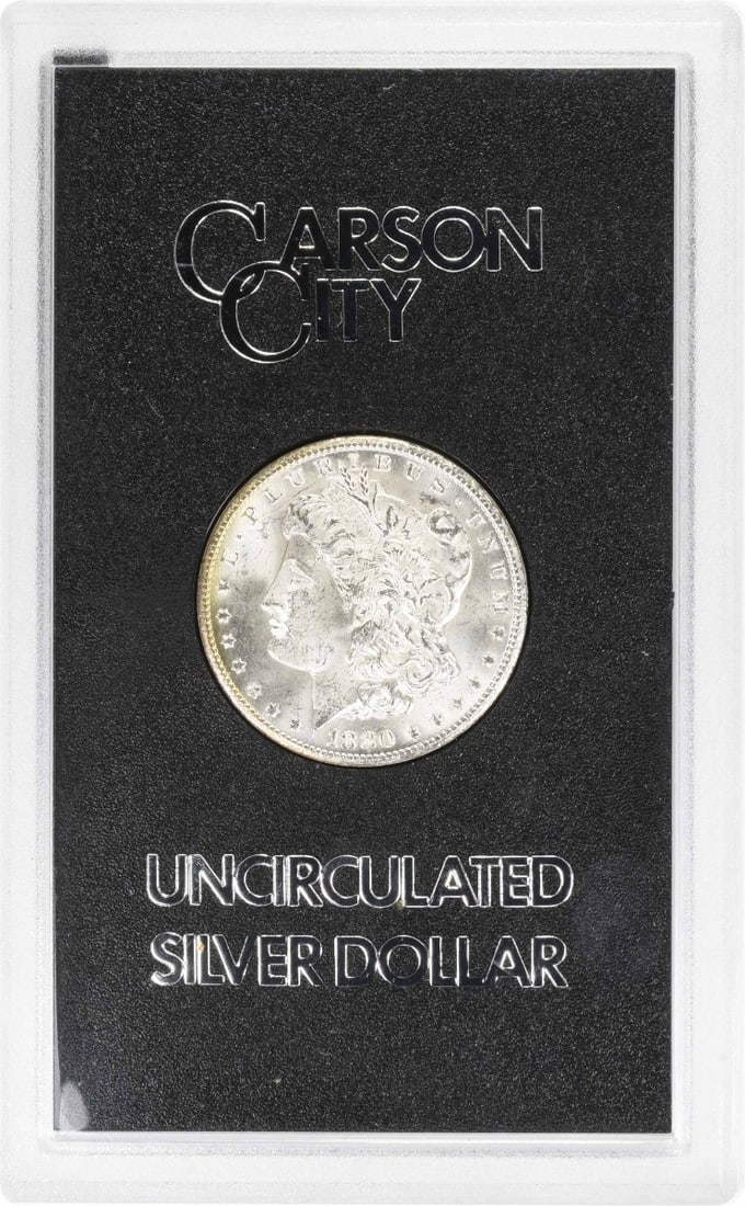 1880-CC Morgan Silver Dollar Brilliant Uncirculated GSA Holder Hard Pack: 1880-CC Morgan Silver Dollar Brilliant Uncirculated GSA Holder Hard Pack This 1880-CC Morgan Silver Dollar is a brilliant uncirculated specimen, held in a GSA hard pack for protection. The coin's
