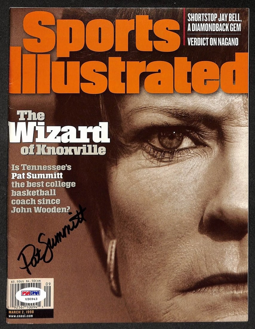 Pat Summitt Signed/ Autographed 1998 Sports Illustrated Tennessee PSA/ DNA 212111: Pat Summitt Signed/ Autographed 1998 Sports Illustrated Tennessee PSA/ DNA 212111 Signed by Pat Summitt, the legendary Tennessee Lady Volleys coach, in 1998, this Sports Illustrated photo bears her au